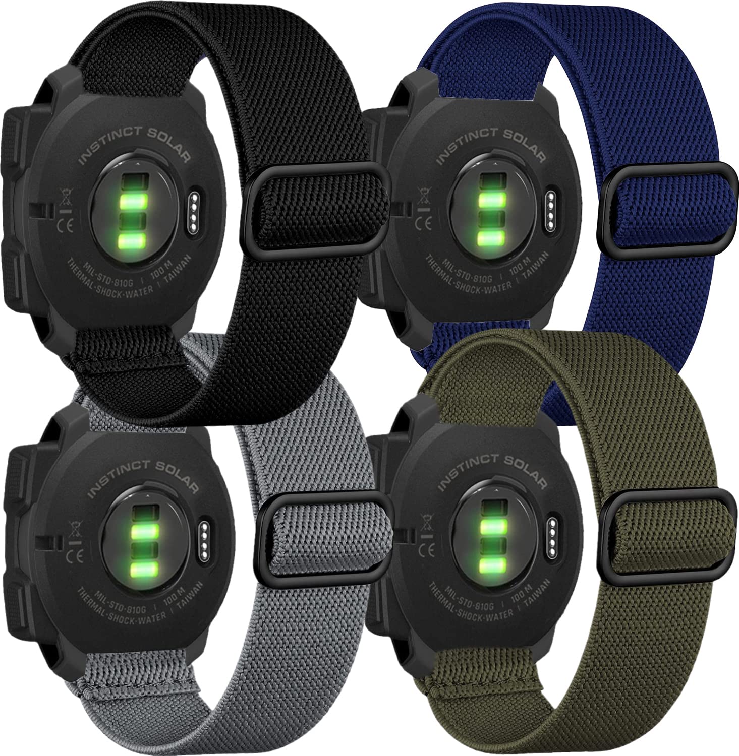 Garmin Instinct+2 Solar 22mm Elastic Watch Bands, Soft Stretchy Nylon Sport Strap for Tactical/Sport Use, Black+Green+Gray+Blue